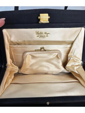 Vintage 50's Lester Bags Madison Ave Black Satin Purse Brass Sculpted Closure